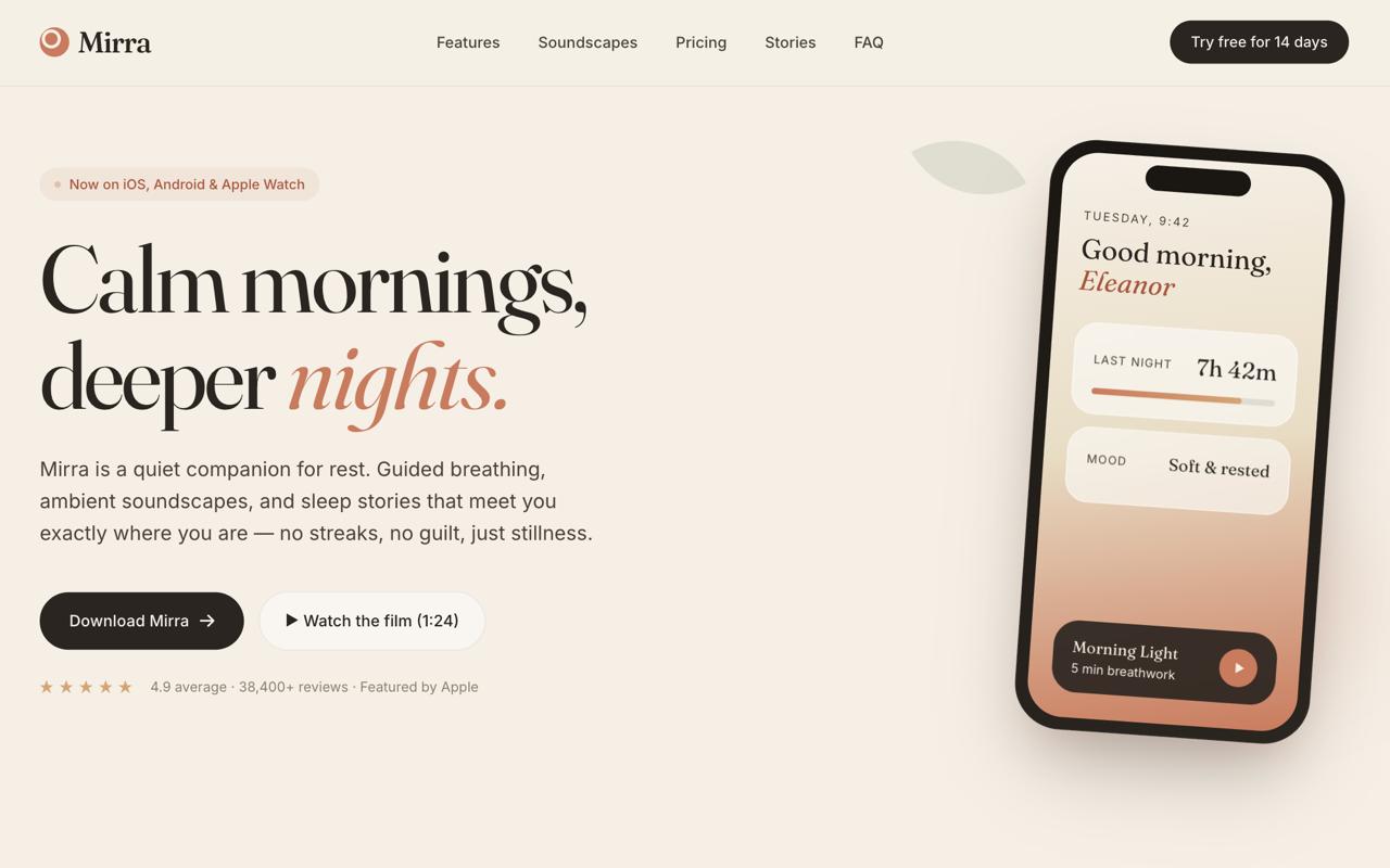 Mirra sleep app landing page