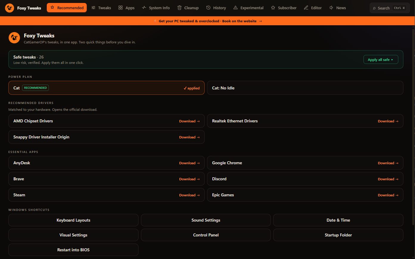The Foxy Tweaks desktop application, showing safe tweaks, a recommended power plan and driver downloads